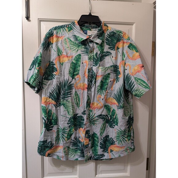 Old Navy Men’s XL Flamingo Hawaiian Shirt Gray Green Tropical Button Up Cotton - Picture 13 of 13
